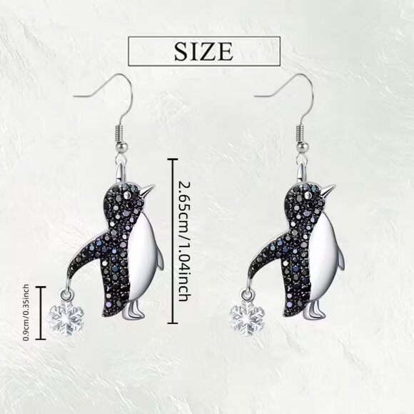 NEW Silver Penguin Dangle Earrings Black & Crystal Rhinestones - Picture 3 of 9